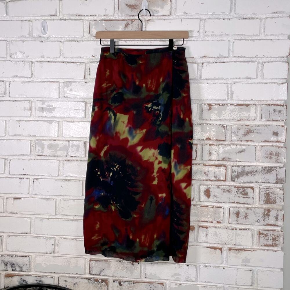 Liz Claiborne Petite Color Bleed Green Pink Black Tie Dye Wrap Midi Skirt Size 2